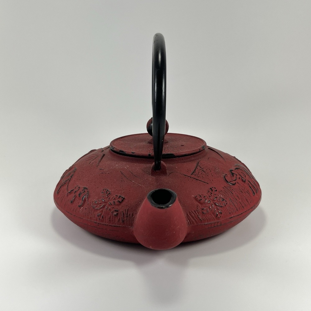 Japanese Teapot Red Cast Iron Asian Elephants Enameled Tetsubin Tetsu Tea Pot - Picture 3 of 11